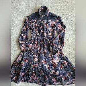 Anthropologie Moon River Blue  "Velvet" Floral Sheer Top Lined Dress Size XS